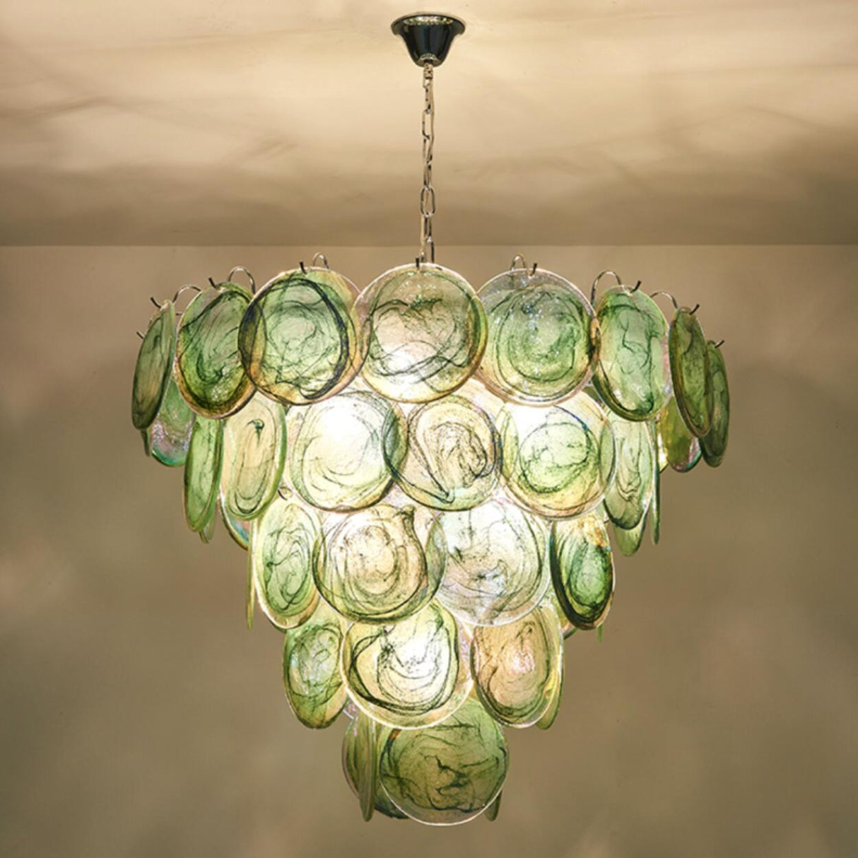 Multi-Tier Art Deco Green Glass Disc Chandelier Image - 1