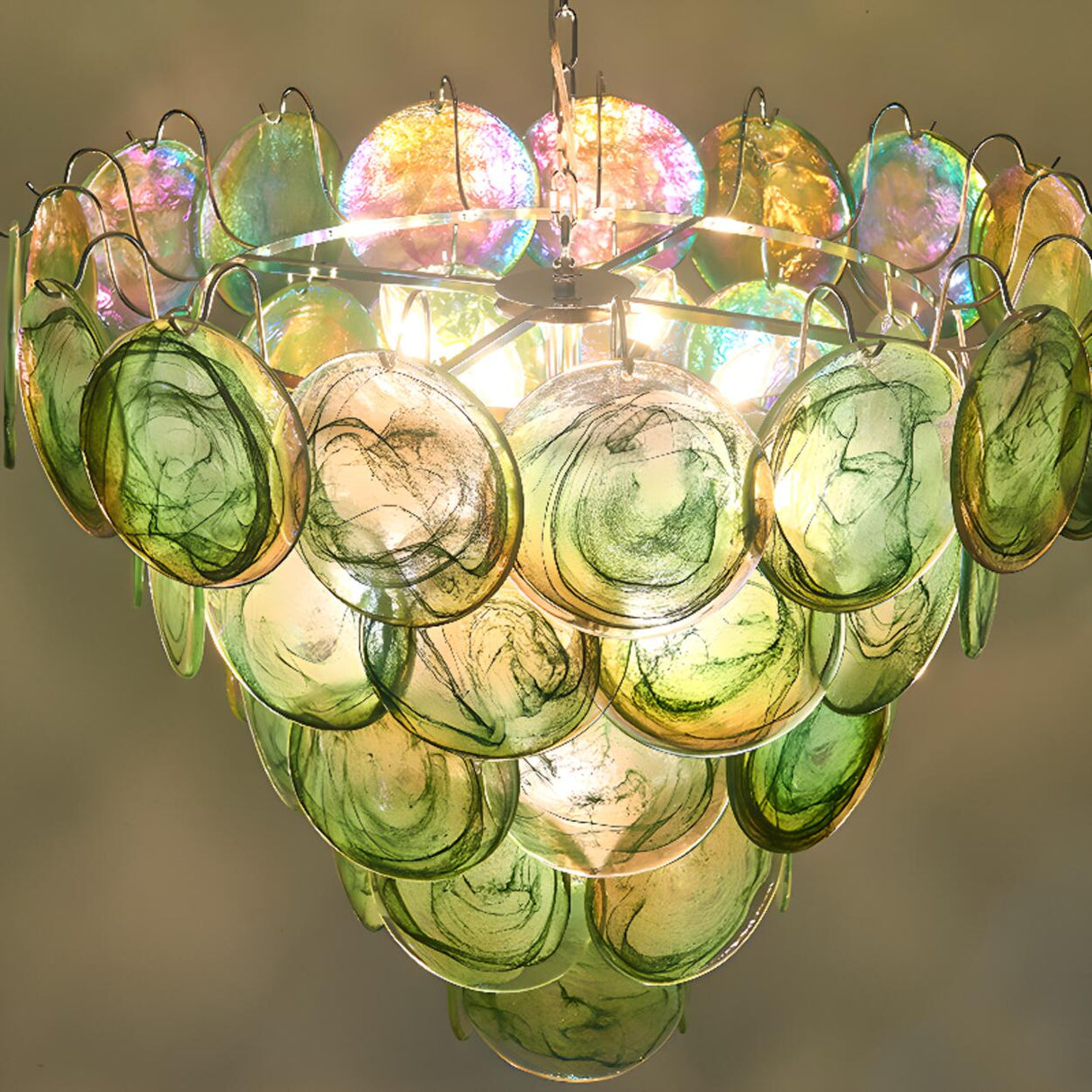 Multi-Tier Art Deco Green Glass Disc Chandelier Image - 8