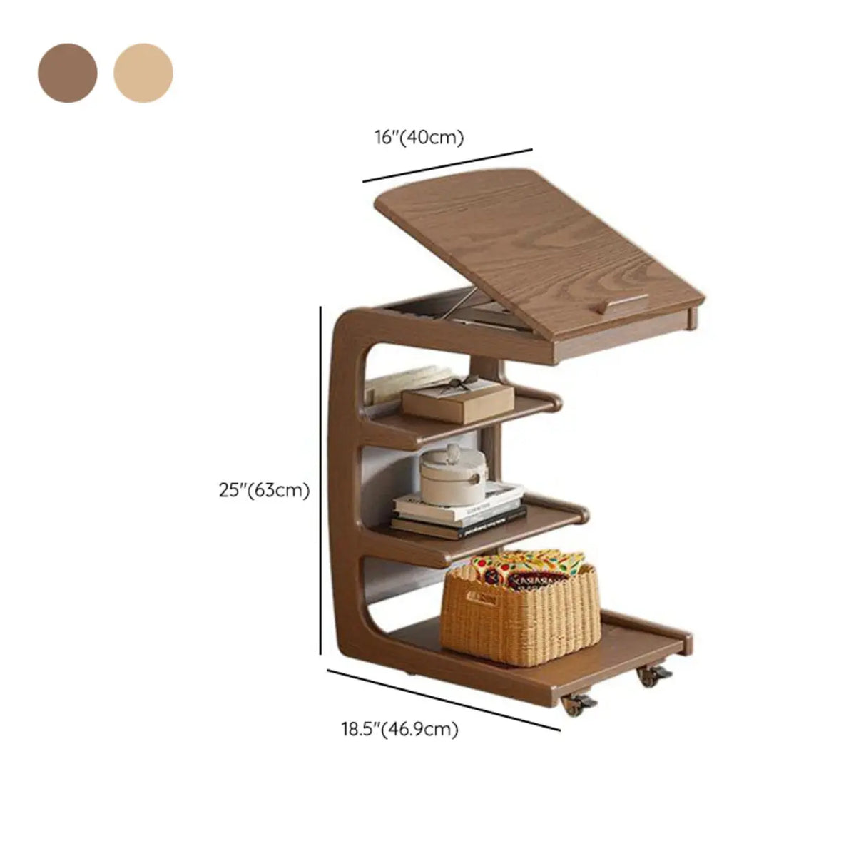 Multi-Tier Brown Wooden Side Table with Storage and Wheels