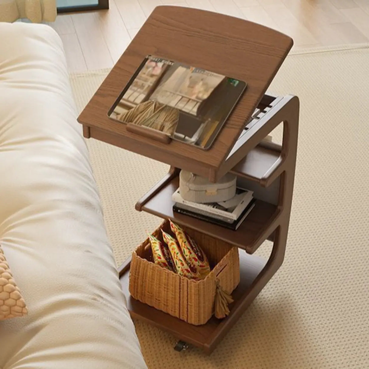 Multi-Tier Brown Wooden Side Table with Storage and Wheels Image - 3