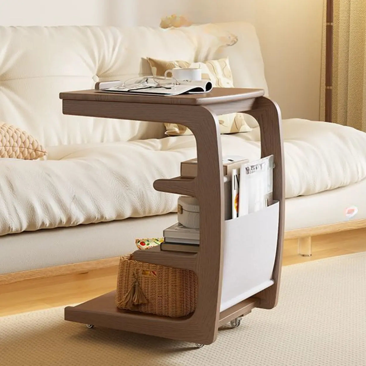 Multi-Tier Brown Wooden Side Table with Storage and Wheels Image - 4