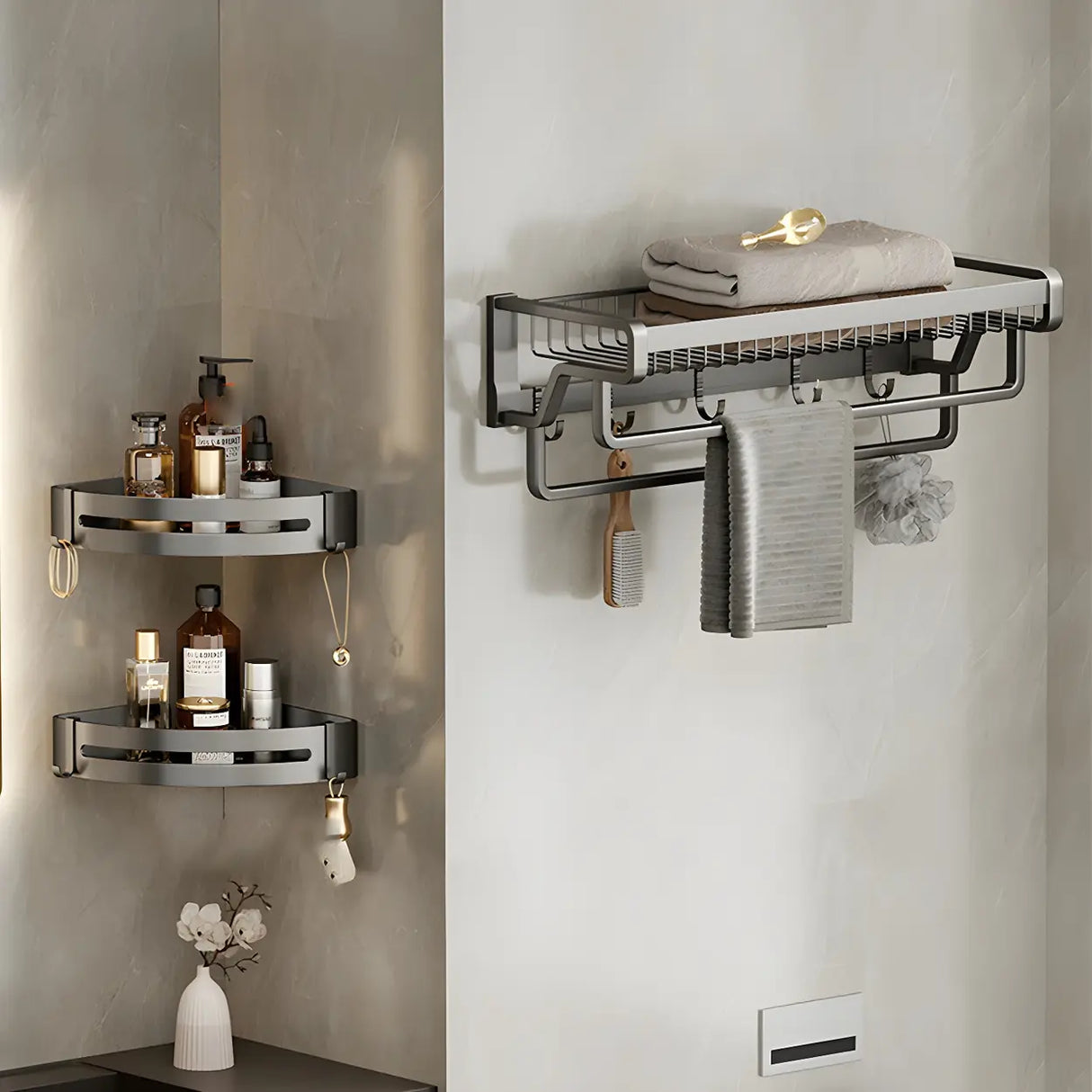 Multi-Tier Grey Metal Bathroom Storage Set with Rack Image - 11