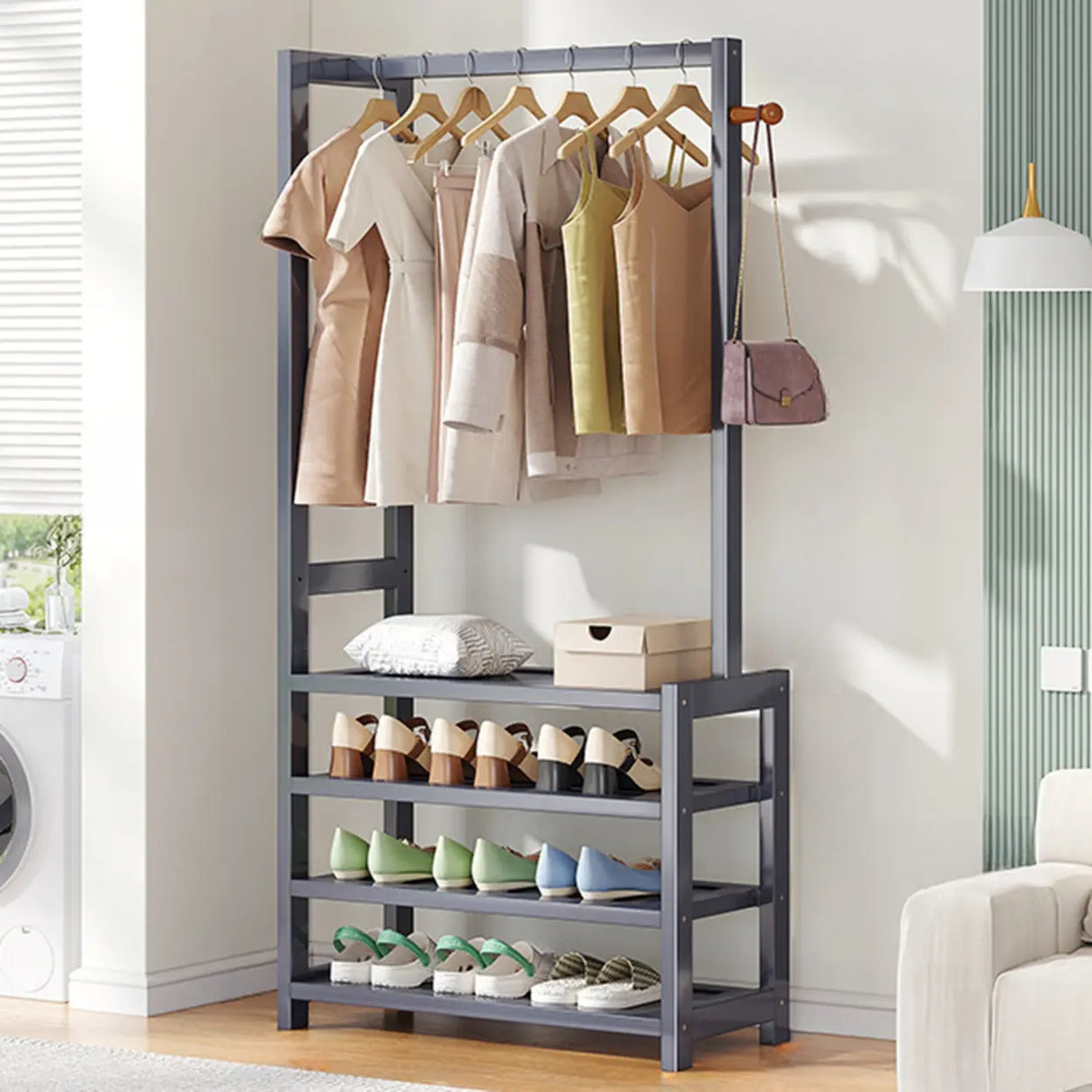 Multi-tier Metal Hallway Grey Bamboo Shoe Rack Organizer Image - 12