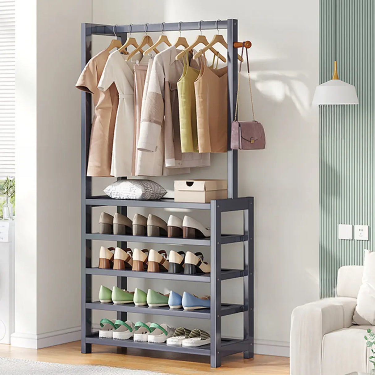 Multi-tier Metal Hallway Grey Bamboo Shoe Rack Organizer Image - 13