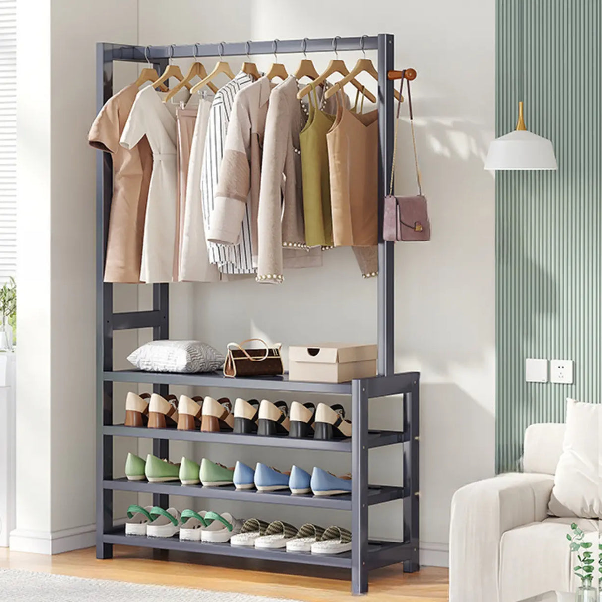 Multi-tier Metal Hallway Grey Bamboo Shoe Rack Organizer Image - 14