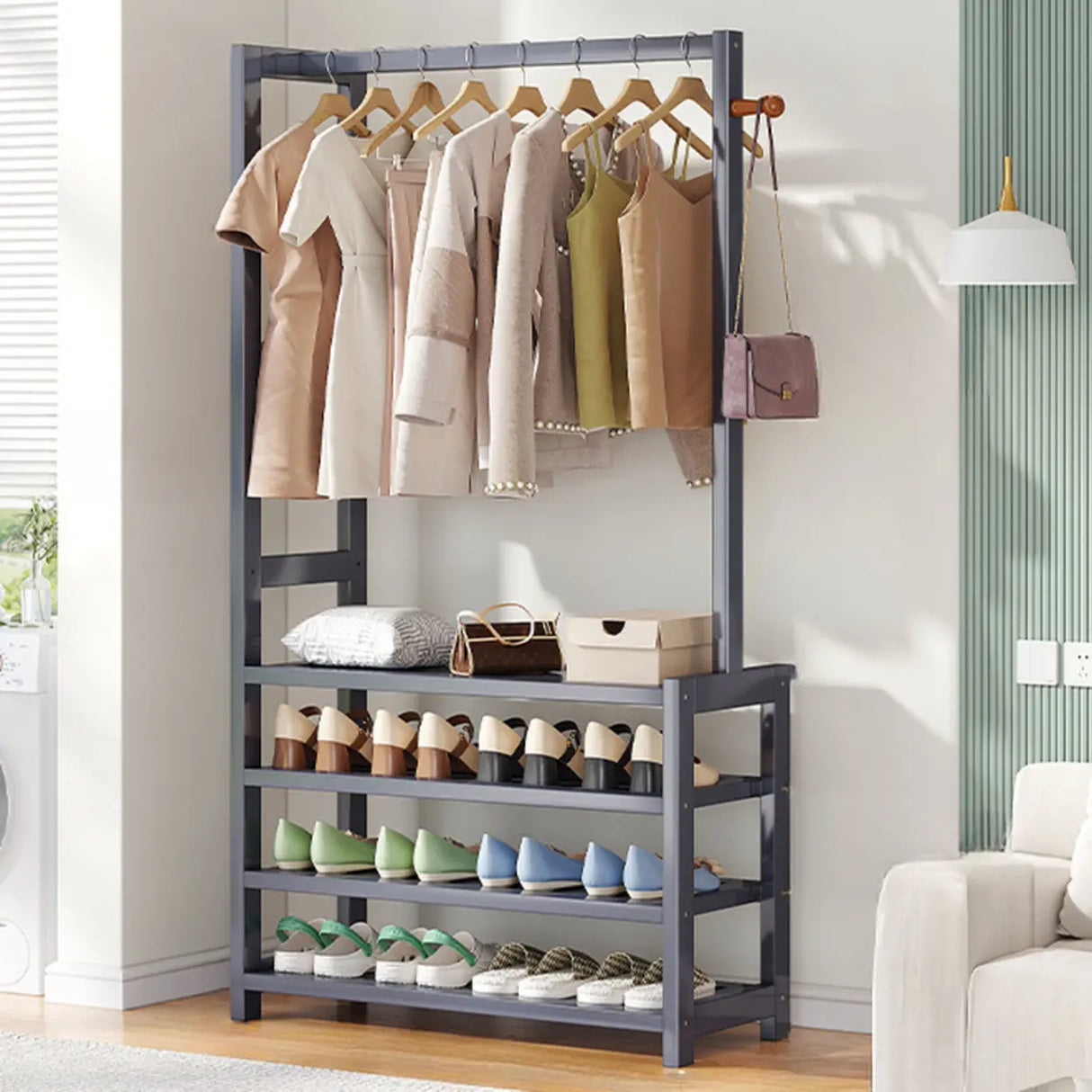 Multi-tier Metal Hallway Grey Bamboo Shoe Rack Organizer Image - 15