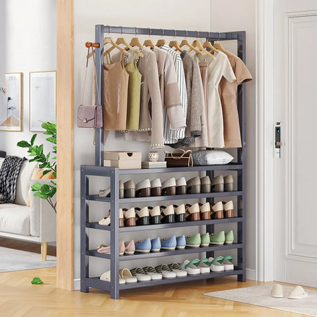 Multi-tier Metal Hallway Grey Bamboo Shoe Rack Organizer Image - 1