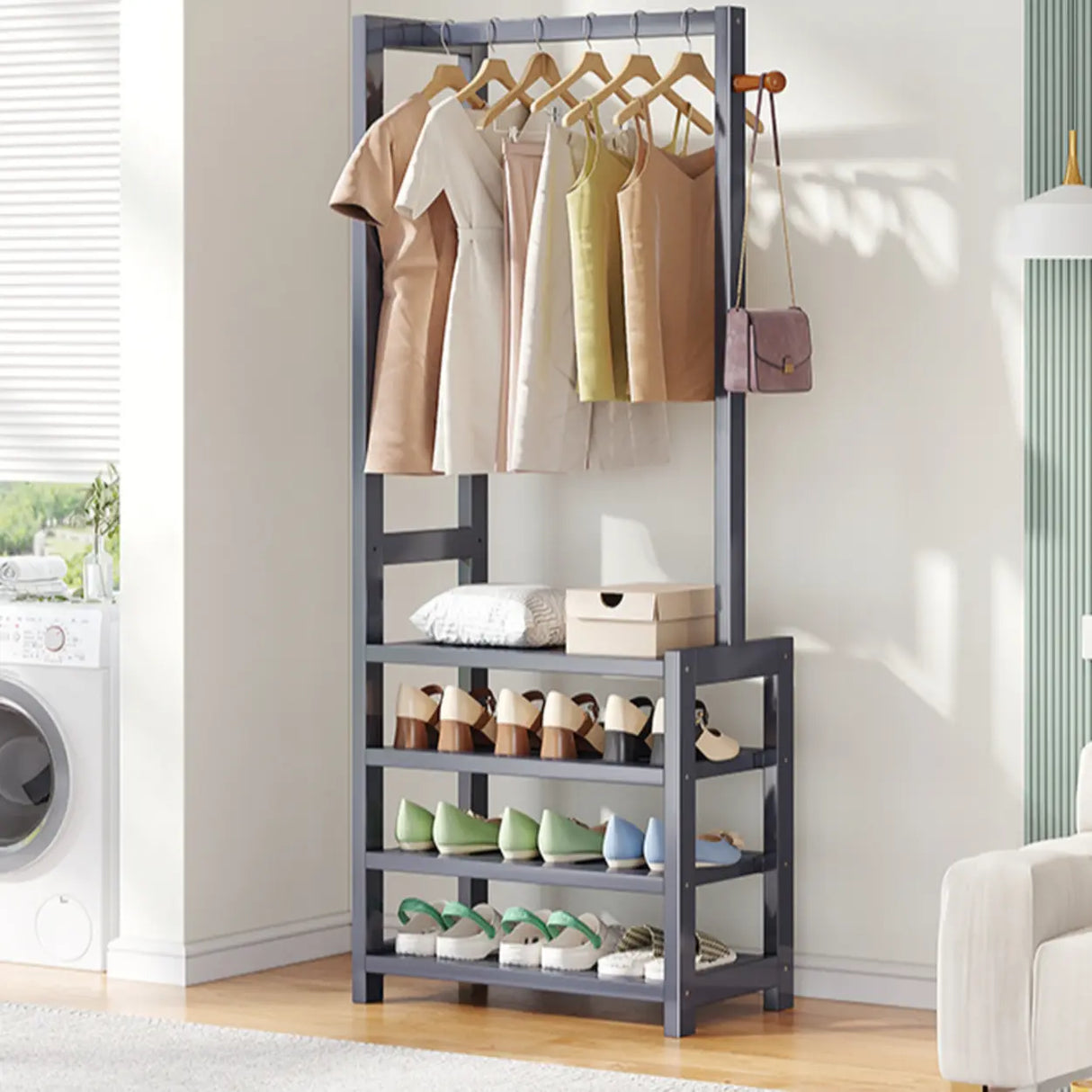 Multi-tier Metal Hallway Grey Bamboo Shoe Rack Organizer Image - 2