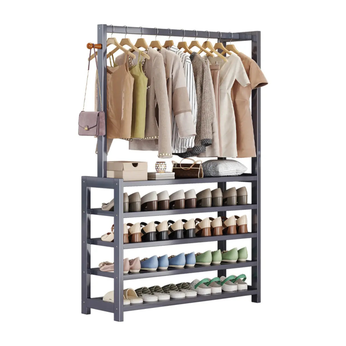 Multi-tier Metal Hallway Grey Bamboo Shoe Rack Organizer Image - 3