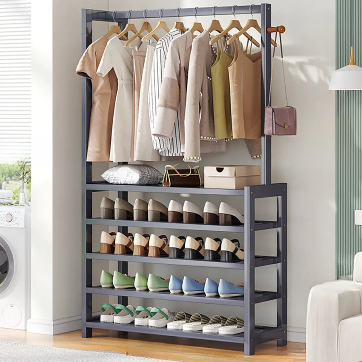 Multi-tier Metal Hallway Grey Bamboo Shoe Rack Organizer Image - 4