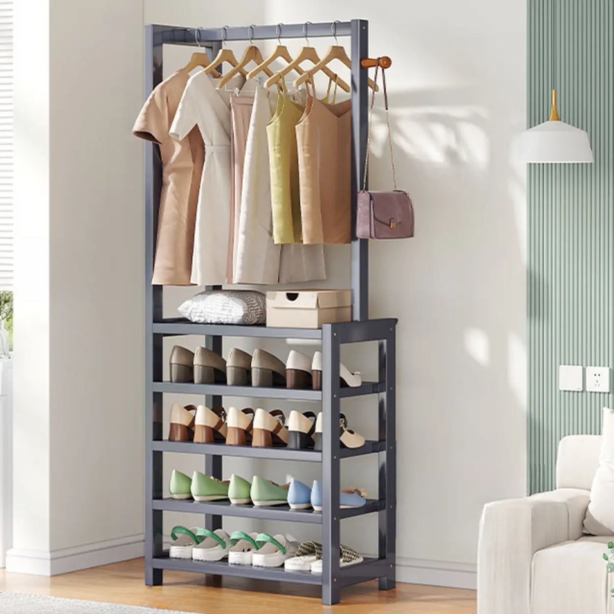 Multi-tier Metal Hallway Grey Bamboo Shoe Rack Organizer Image - 5