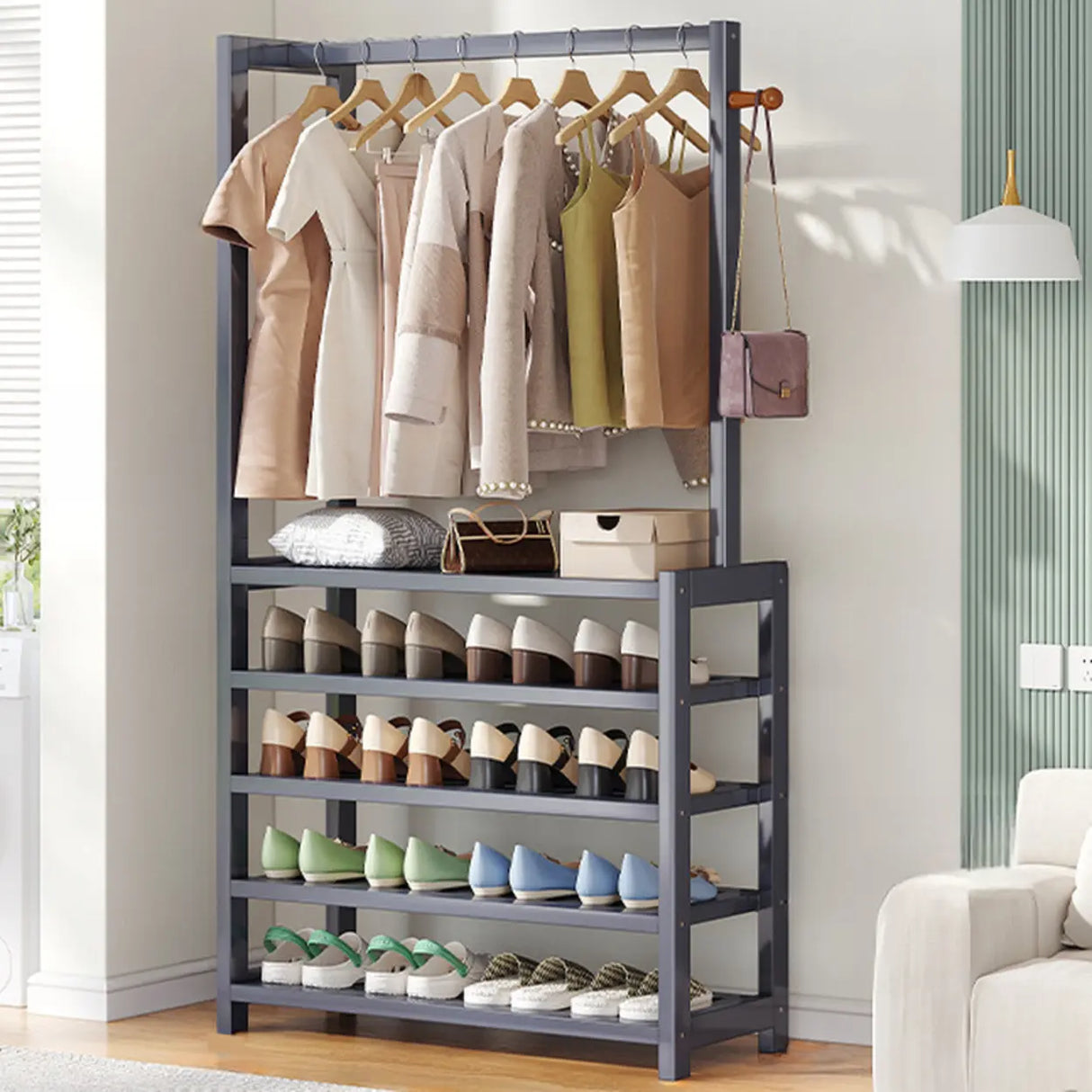 Multi-tier Metal Hallway Grey Bamboo Shoe Rack Organizer Image - 6
