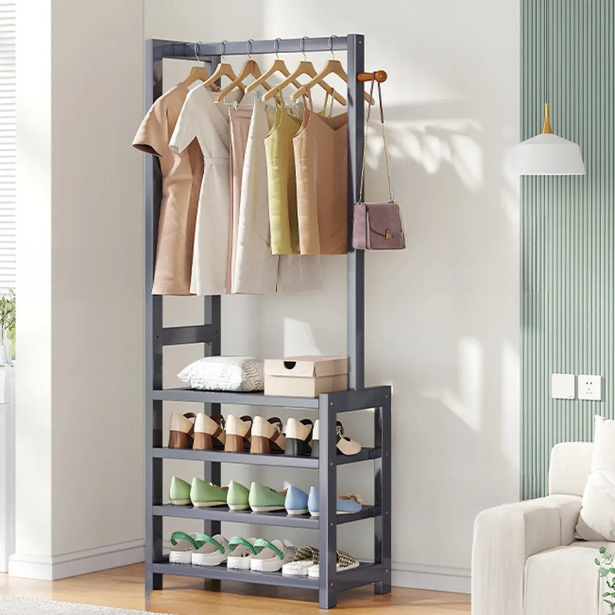 Multi-tier Metal Hallway Grey Bamboo Shoe Rack Organizer Image - 7