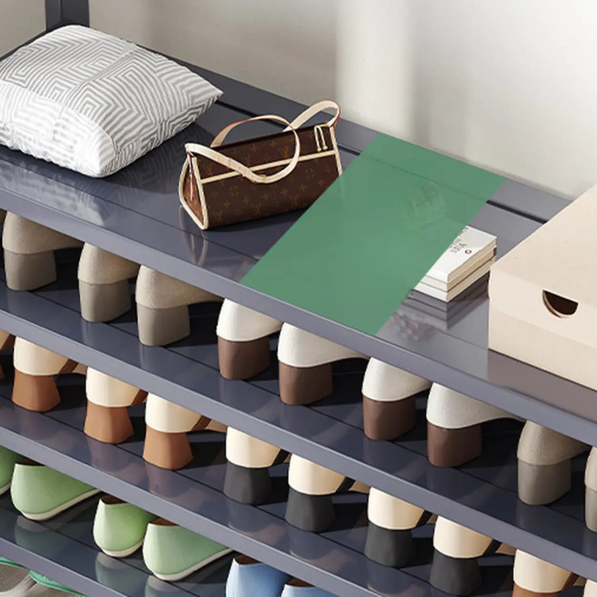 Multi-tier Metal Hallway Grey Bamboo Shoe Rack Organizer Image - 9