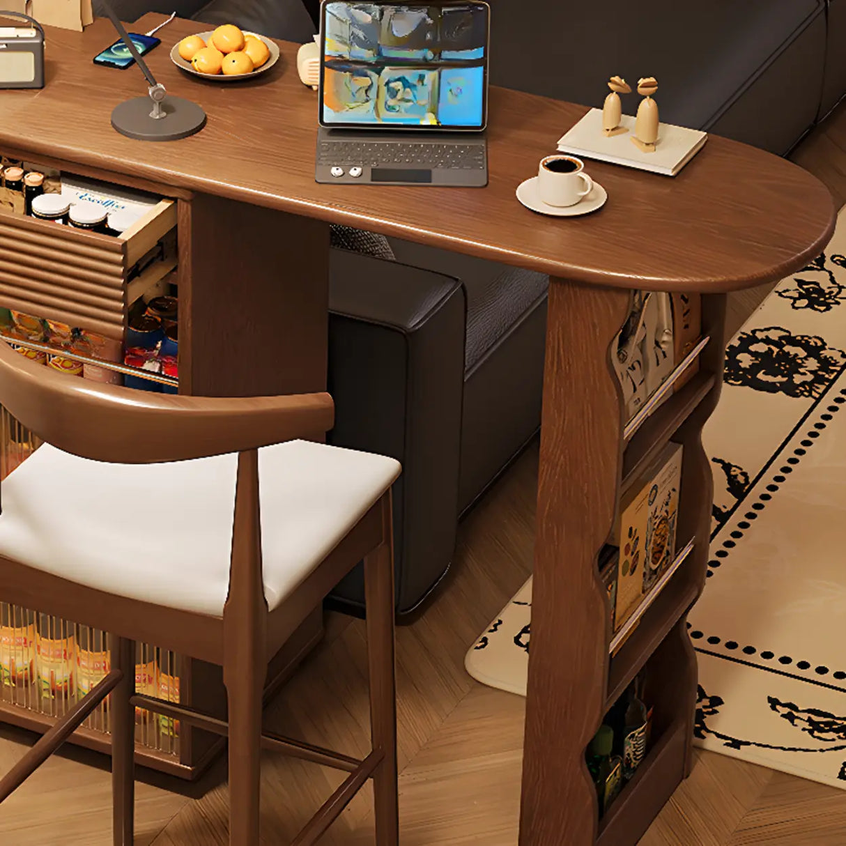 Multifunctional Extendable Wood Bar Table with Storage Shelves Image - 11