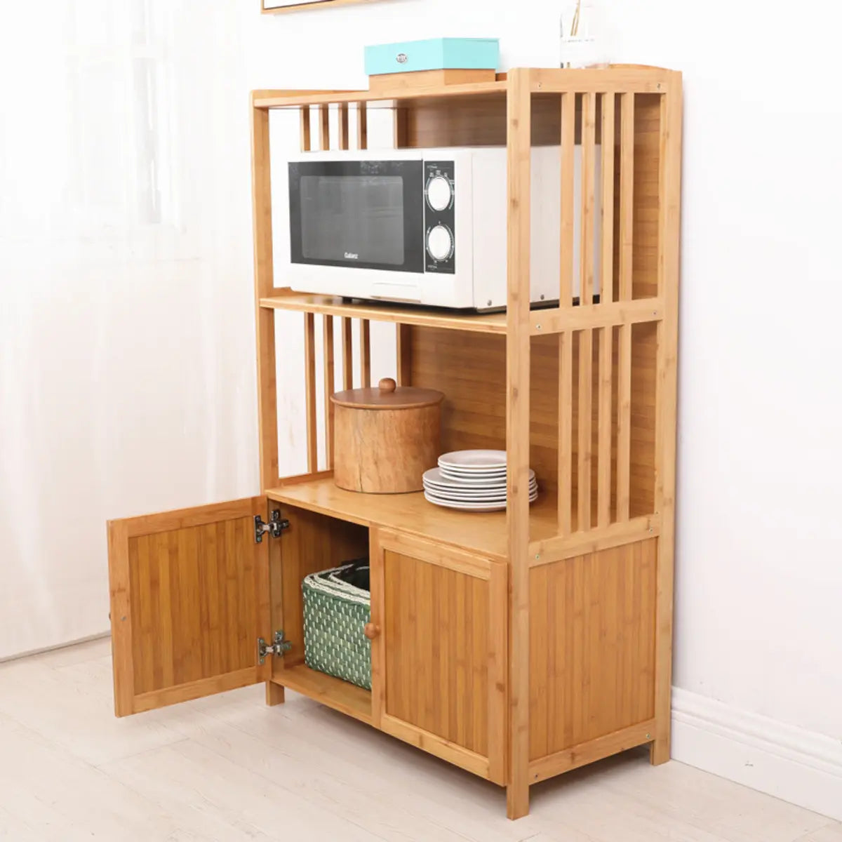 Narrow Bamboo Open Storage Buffet with Shelves and Hutch Image - 1