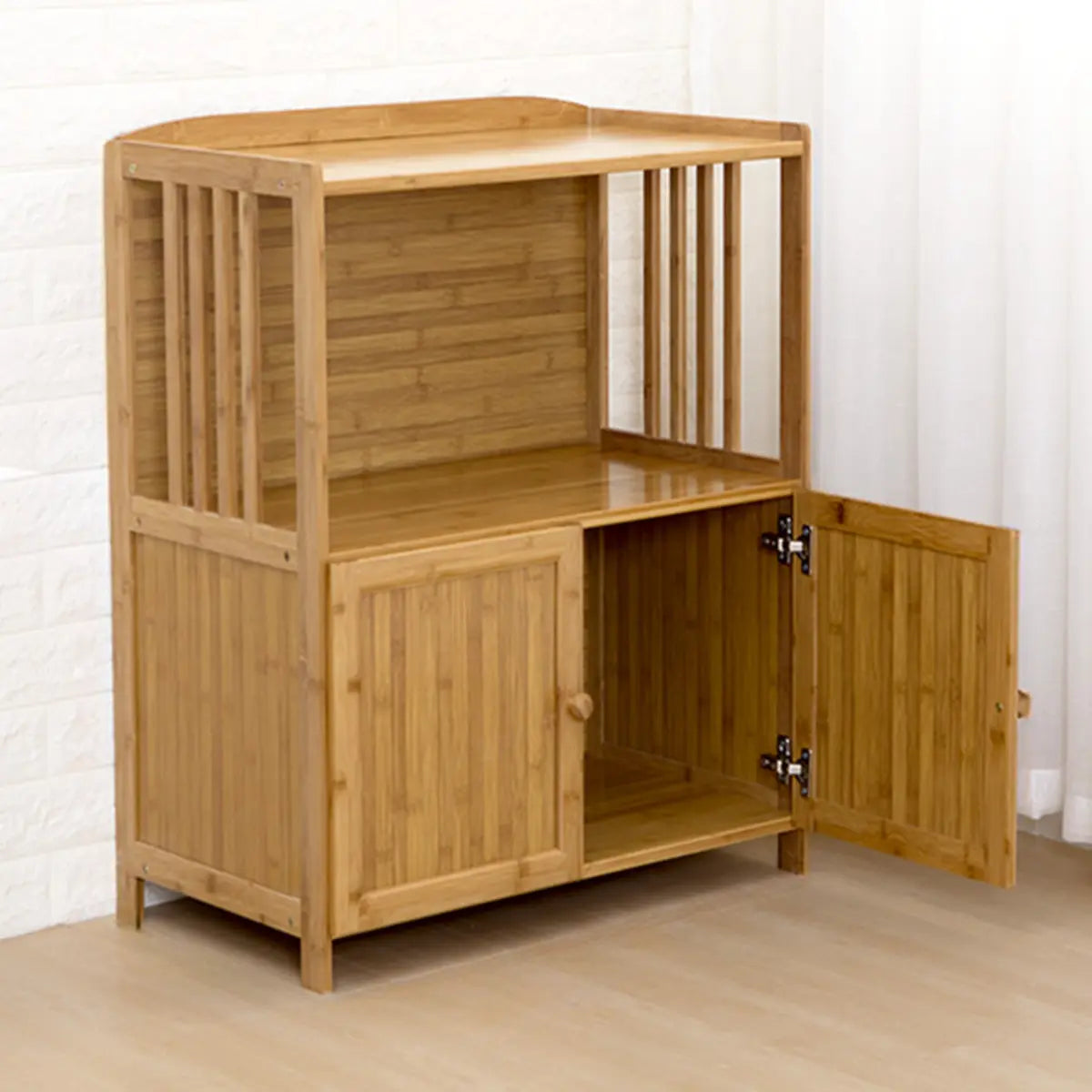 Narrow Bamboo Open Storage Buffet with Shelves and Hutch Image - 2