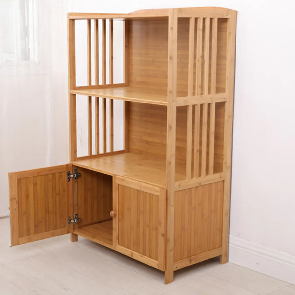 Narrow Bamboo Open Storage Buffet with Shelves and Hutch Image - 3