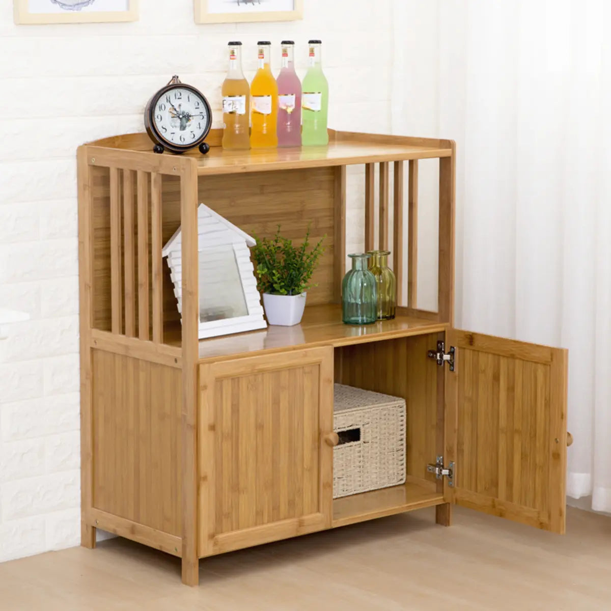 Narrow Bamboo Open Storage Buffet with Shelves and Hutch Image - 4