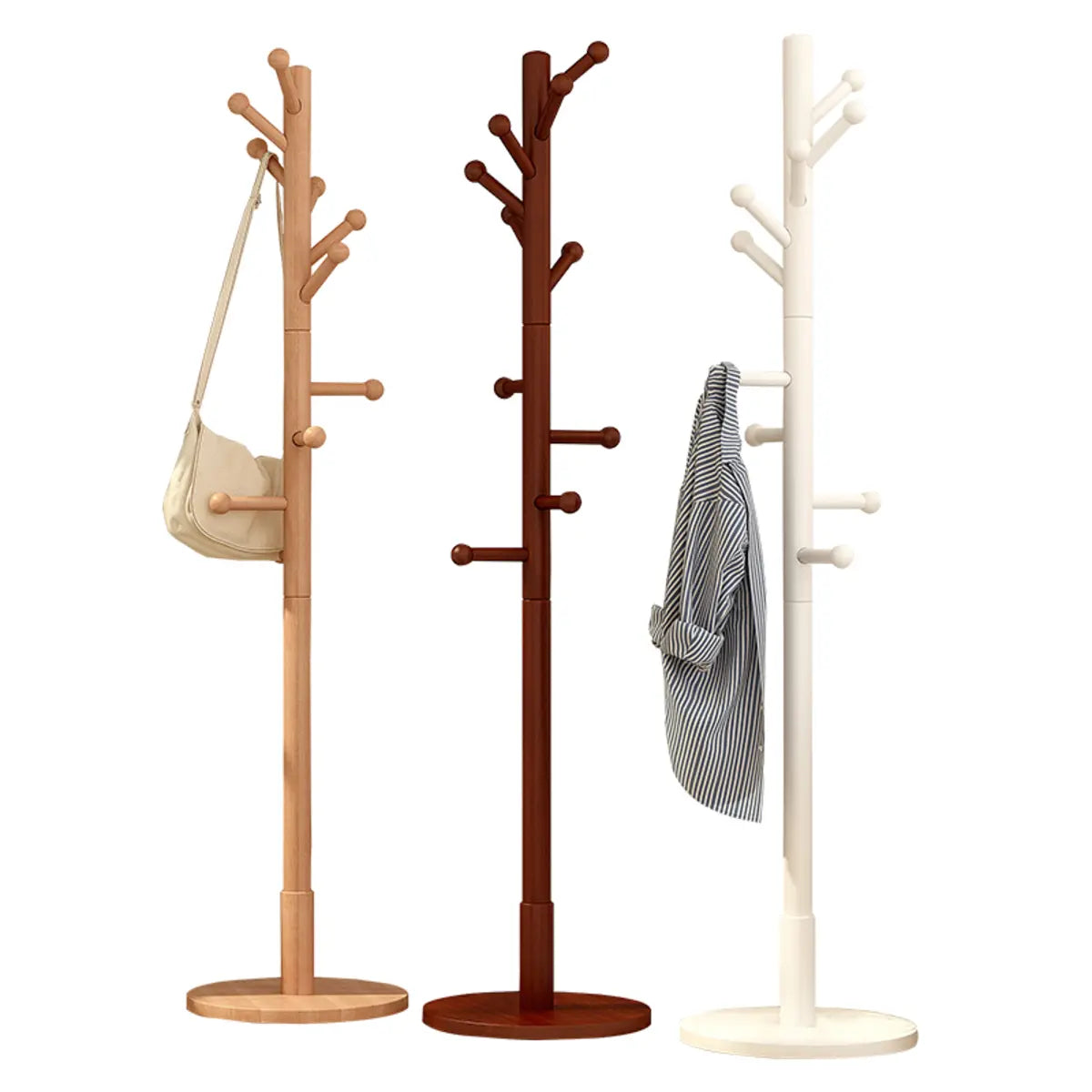 Narrow Minimalist Hooks Wood Natural Stand Tree Coat Rack Image - 11
