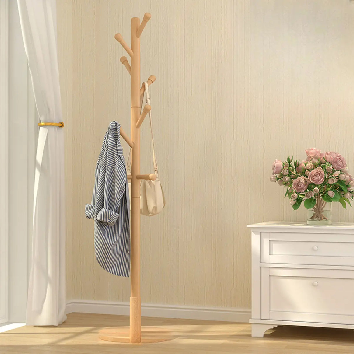 Narrow Minimalist Hooks Wood Natural Stand Tree Coat Rack Image - 2