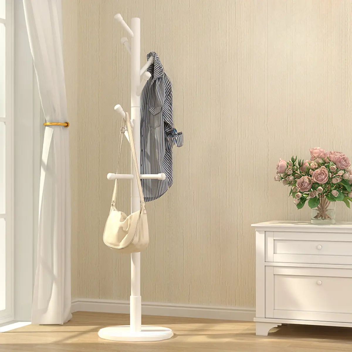 Narrow Minimalist Hooks Wood Natural Stand Tree Coat Rack Image - 3