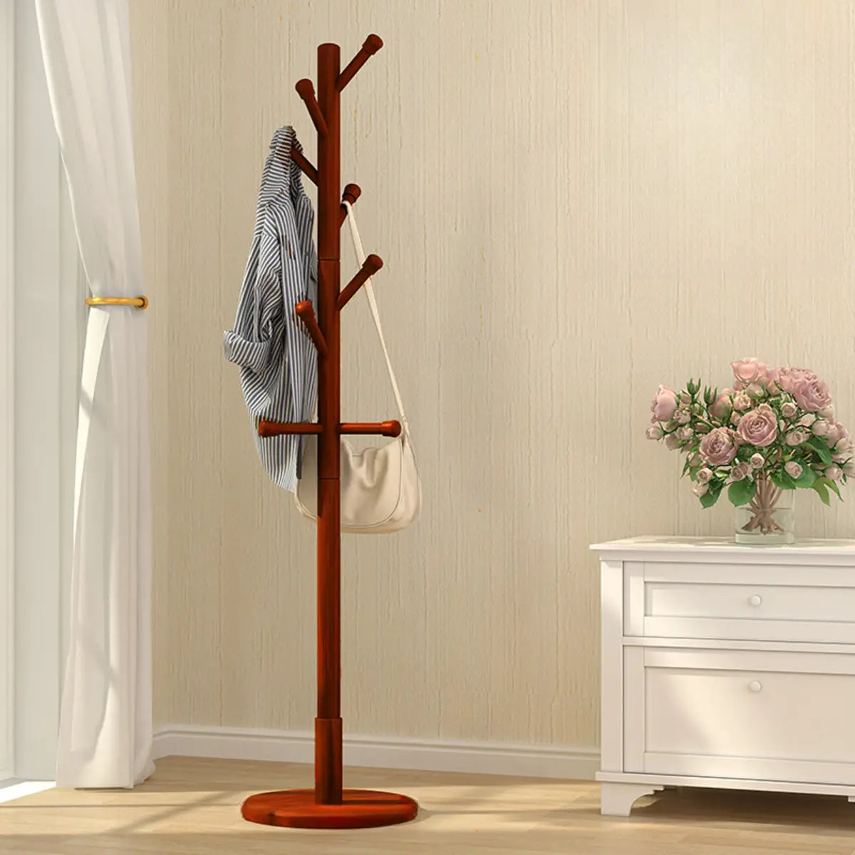 Narrow Minimalist Hooks Wood Natural Stand Tree Coat Rack Image - 5
