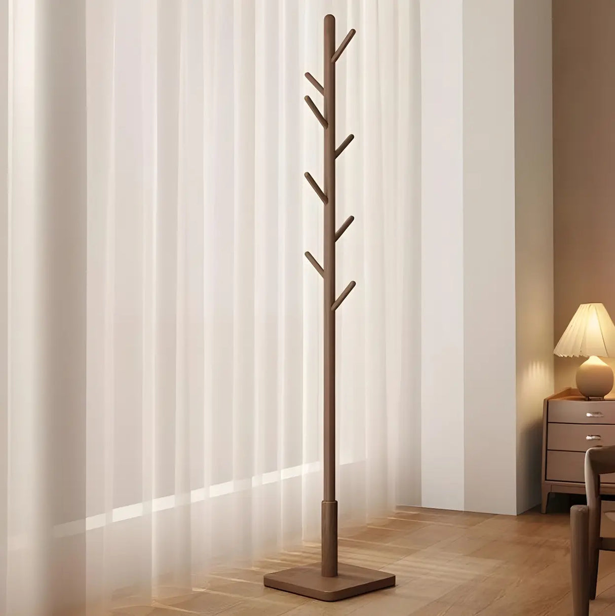 Narrow Walnut Wood Tree Coat Rack with Hooks and Storage Image - 9