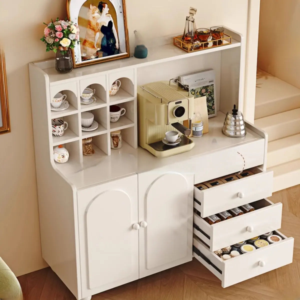 Narrow White Tall Open Storage Sideboard with Shelves Image - 10