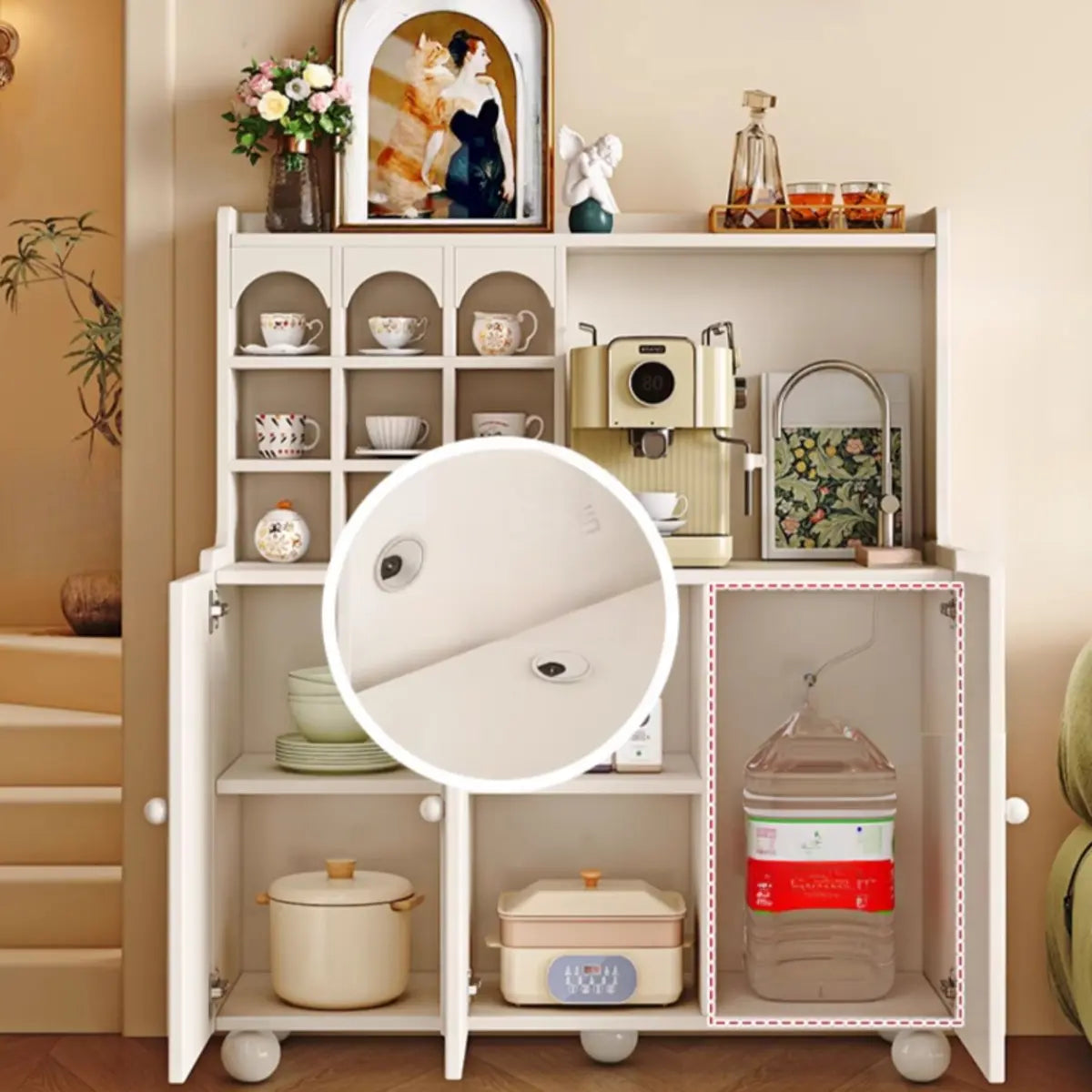 Narrow White Tall Open Storage Sideboard with Shelves Image - 11