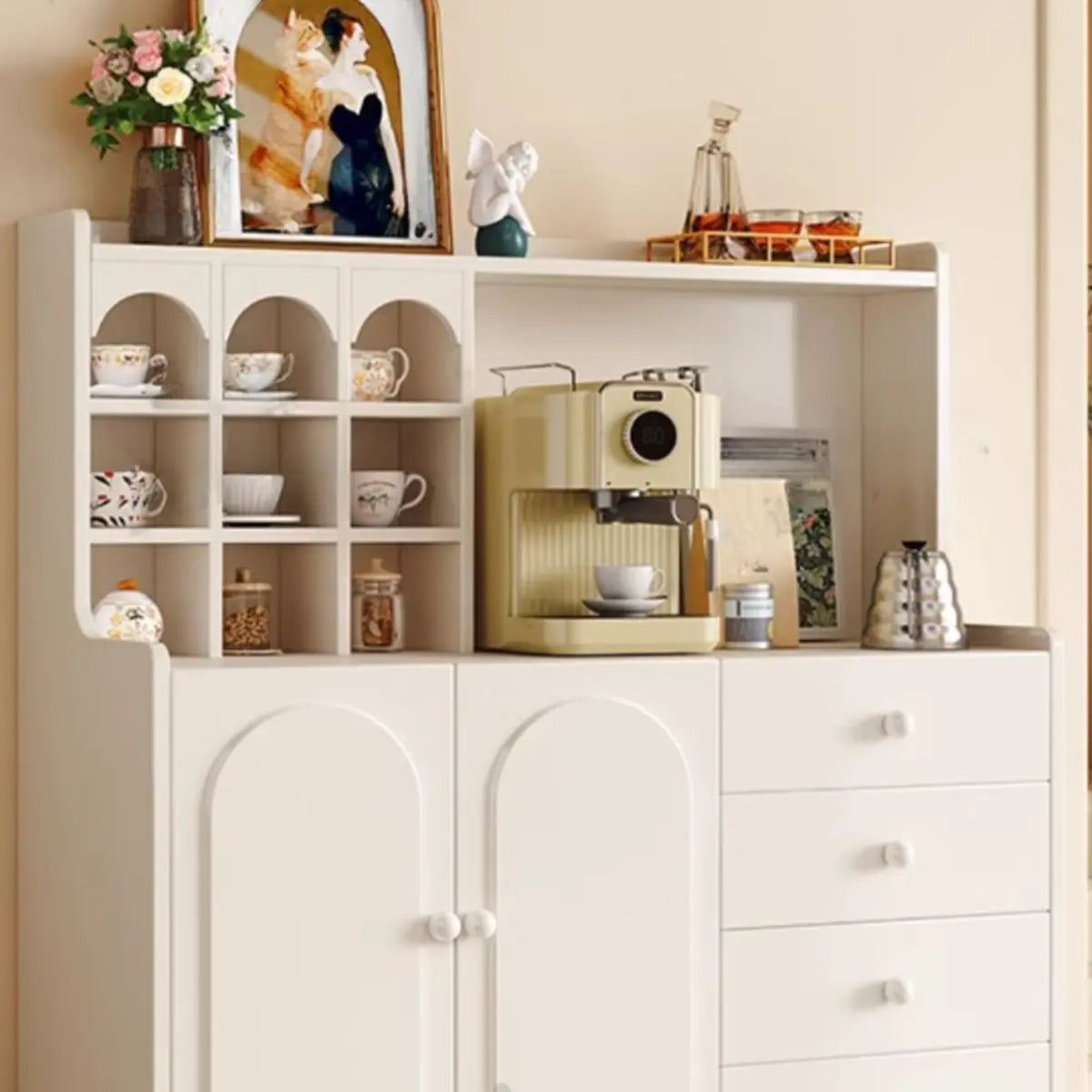 Narrow White Tall Open Storage Sideboard with Shelves Image - 12