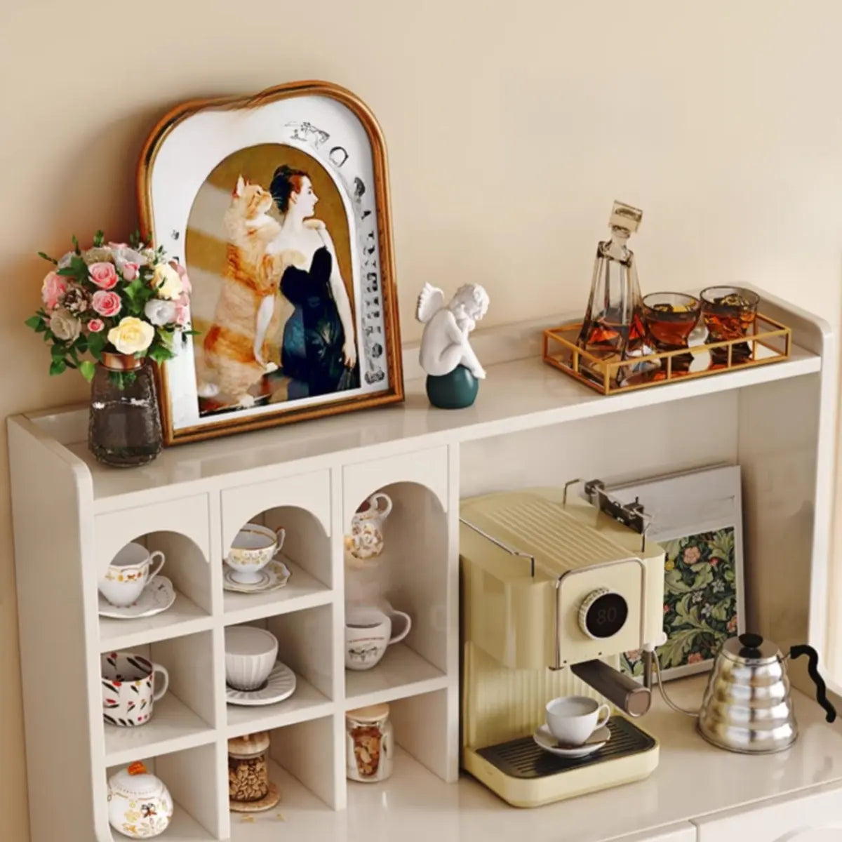 Narrow White Tall Open Storage Sideboard with Shelves Image - 13