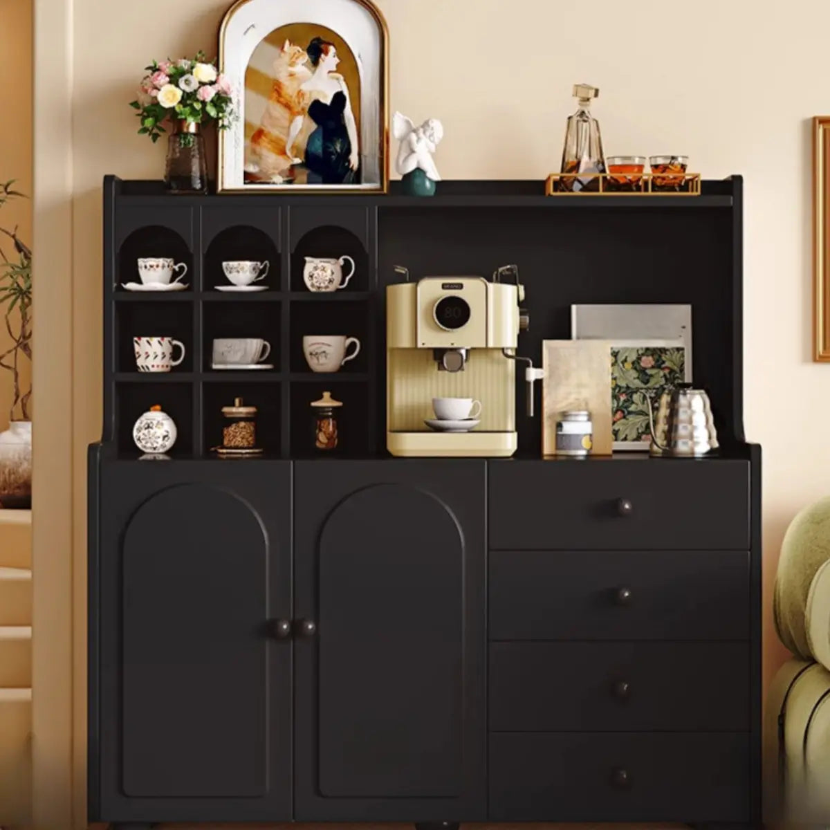 Narrow White Tall Open Storage Sideboard with Shelves Image - 14