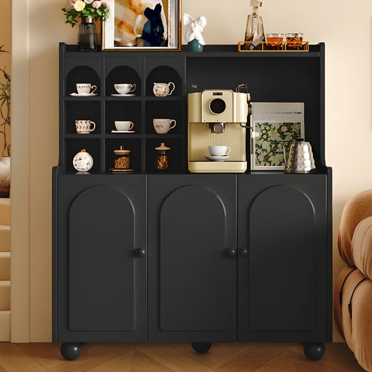 Narrow White Tall Open Storage Sideboard with Shelves Image - 3