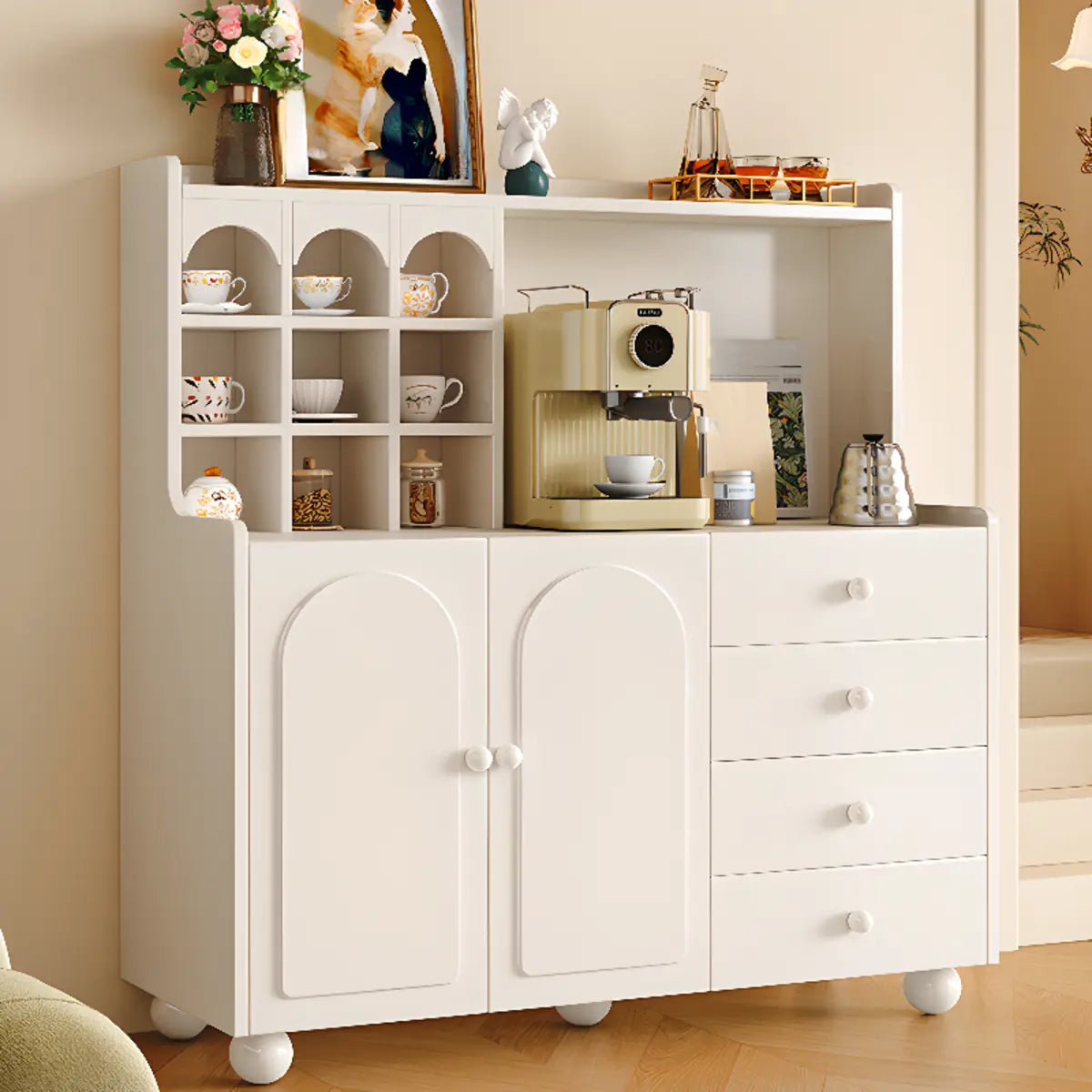 Narrow White Tall Open Storage Sideboard with Shelves Image - 4