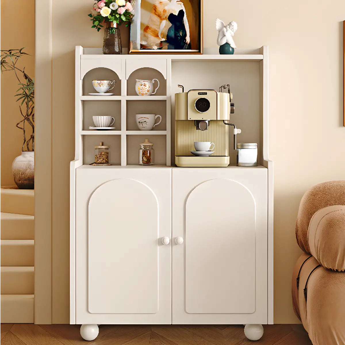 Narrow White Tall Open Storage Sideboard with Shelves Image - 5