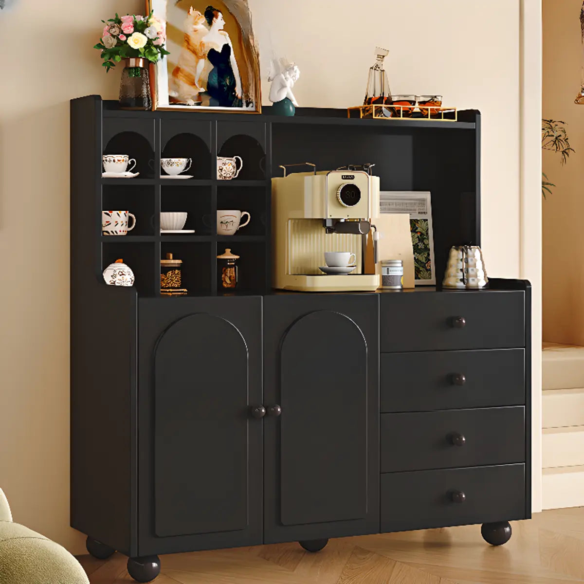 Narrow White Tall Open Storage Sideboard with Shelves Image - 6