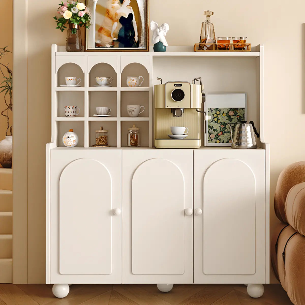 Narrow White Tall Open Storage Sideboard with Shelves Image - 7