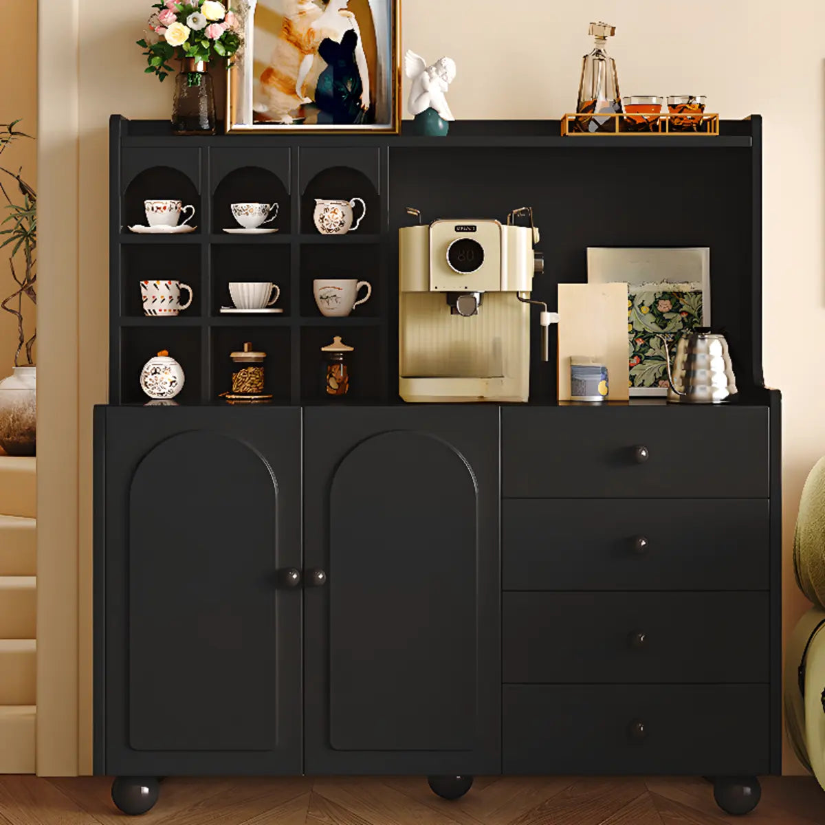 Narrow White Tall Open Storage Sideboard with Shelves Image - 8