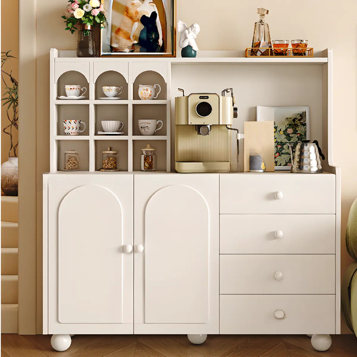 Narrow White Tall Open Storage Sideboard with Shelves Image - 9