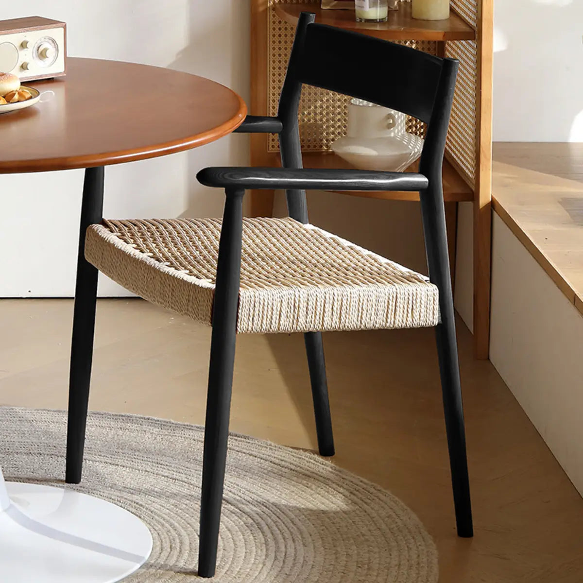 Natural Arm Chair Braided Rope Seat Wood Dining Chair Image - 10