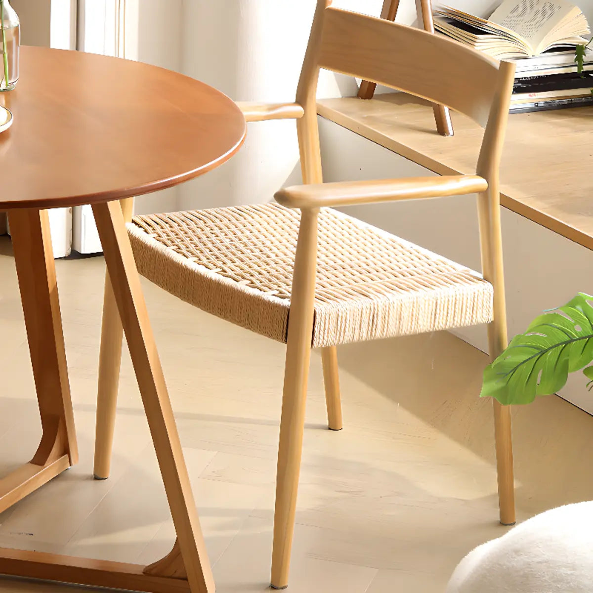 Natural Arm Chair Braided Rope Seat Wood Dining Chair Image - 11