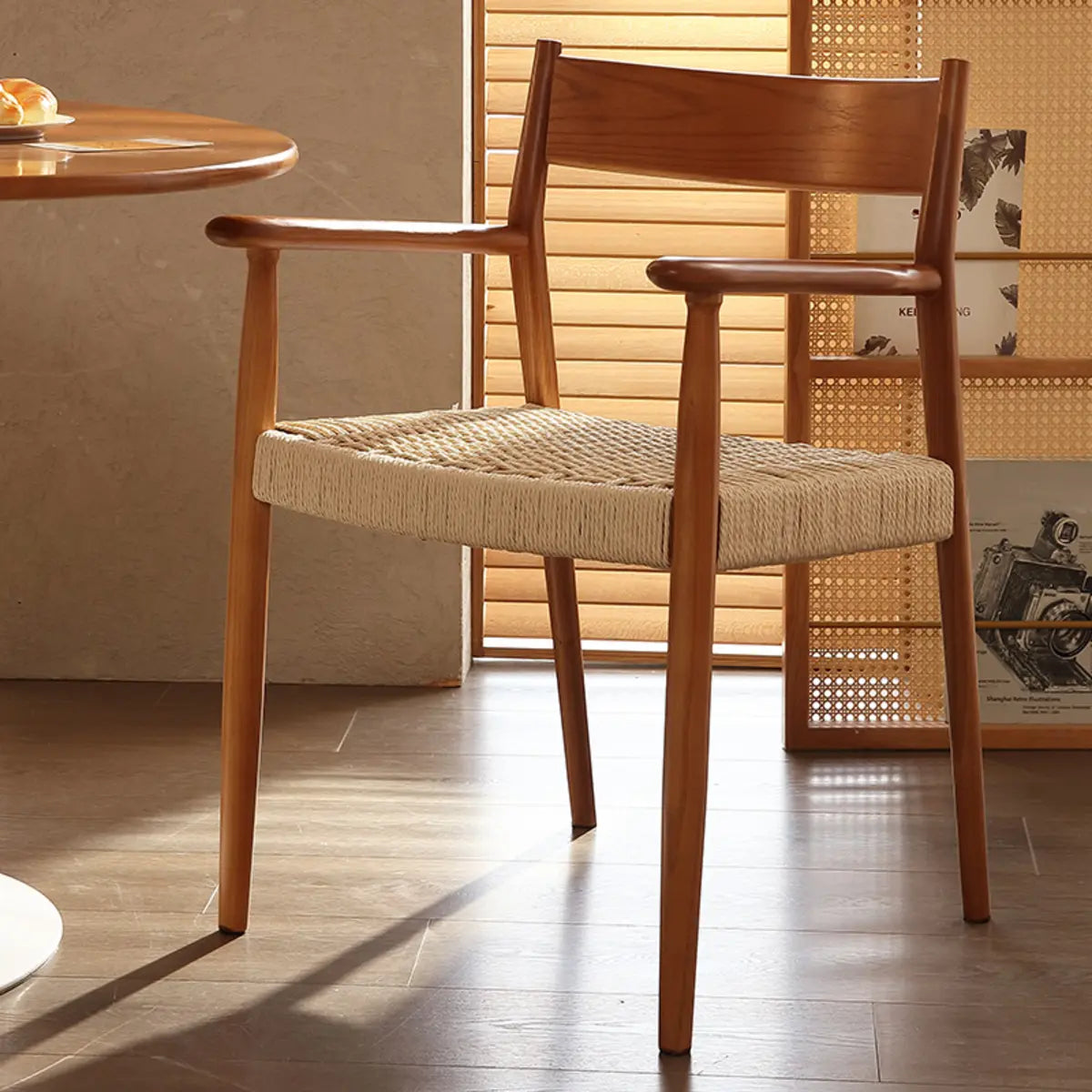 Natural Arm Chair Braided Rope Seat Wood Dining Chair Image - 2