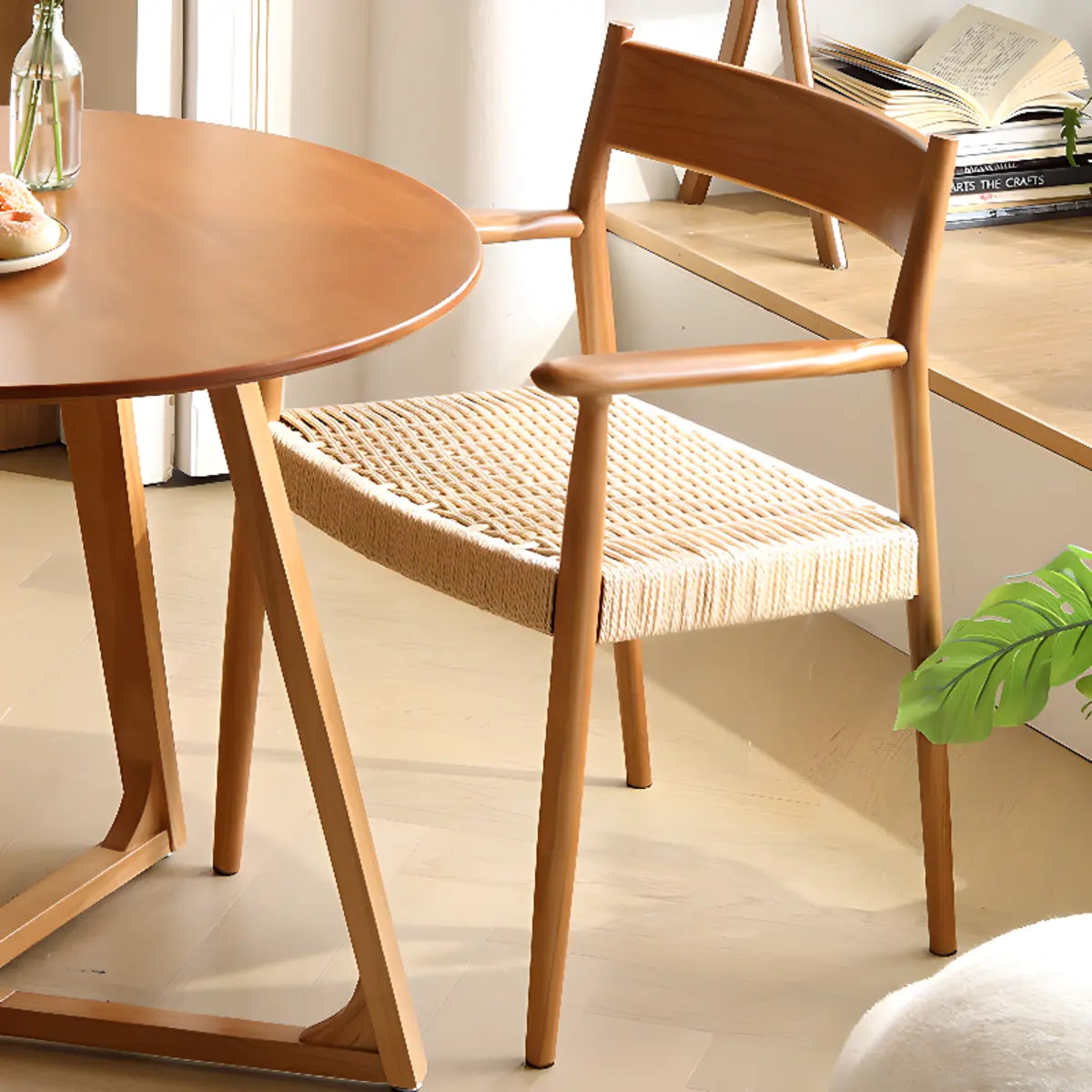 Natural Arm Chair Braided Rope Seat Wood Dining Chair Image - 3