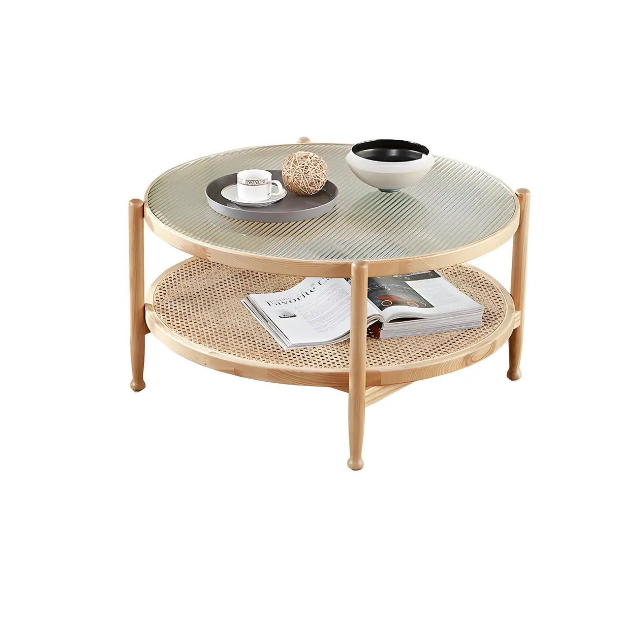 Natural Ash Wood Clear Glass Top Round Coffee Table Image - 4