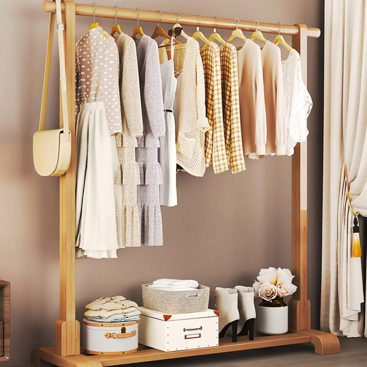 Natural Color Shelves and Hooks Wood Freestanding Coat Rack Image - 1