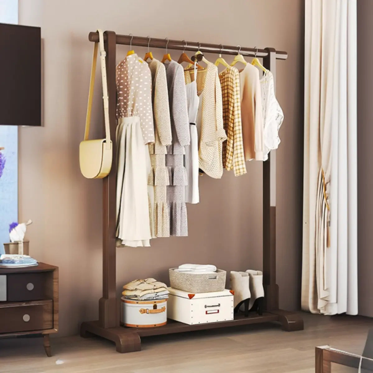 Natural Color Shelves and Hooks Wood Freestanding Coat Rack Image - 11