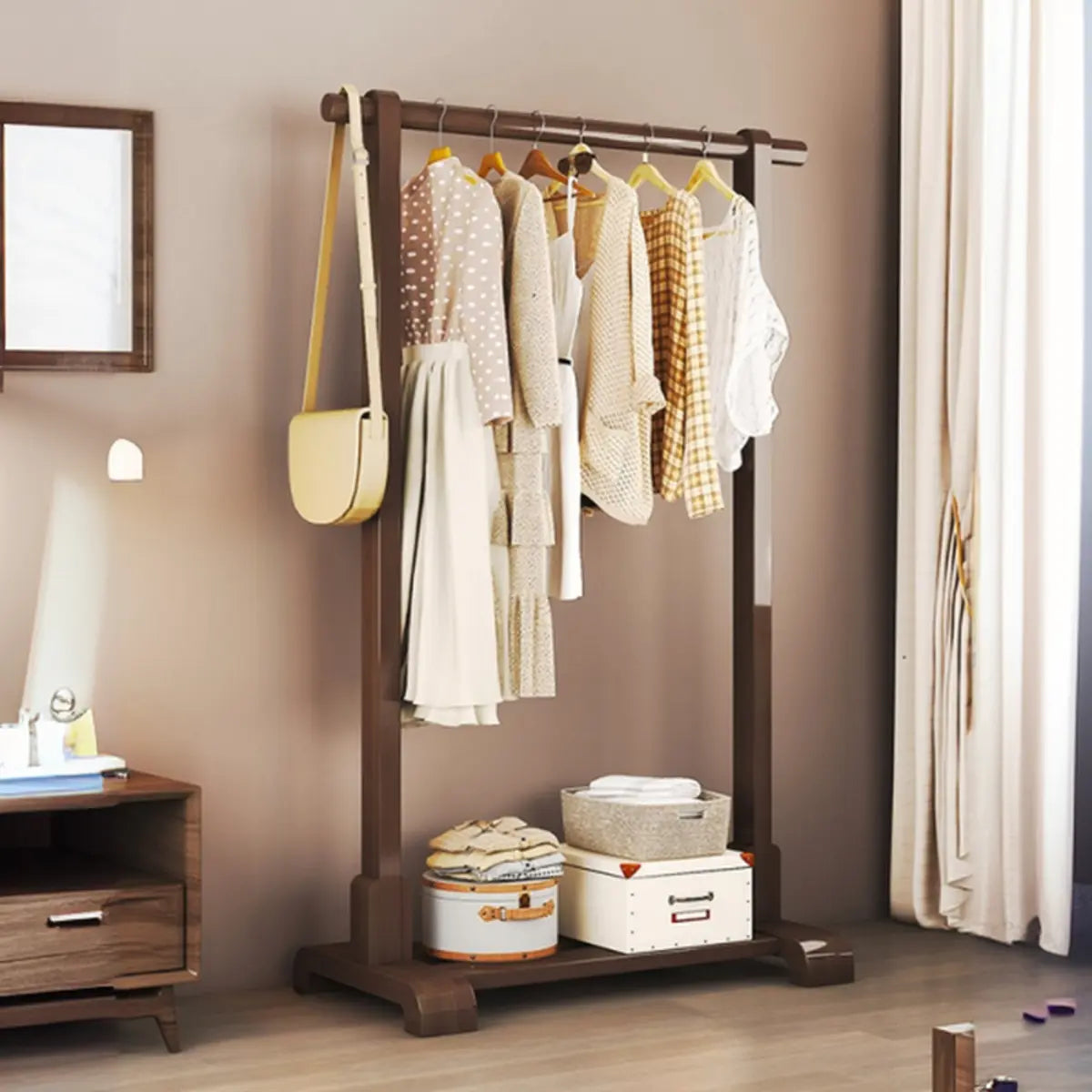 Natural Color Shelves and Hooks Wood Freestanding Coat Rack Image - 13