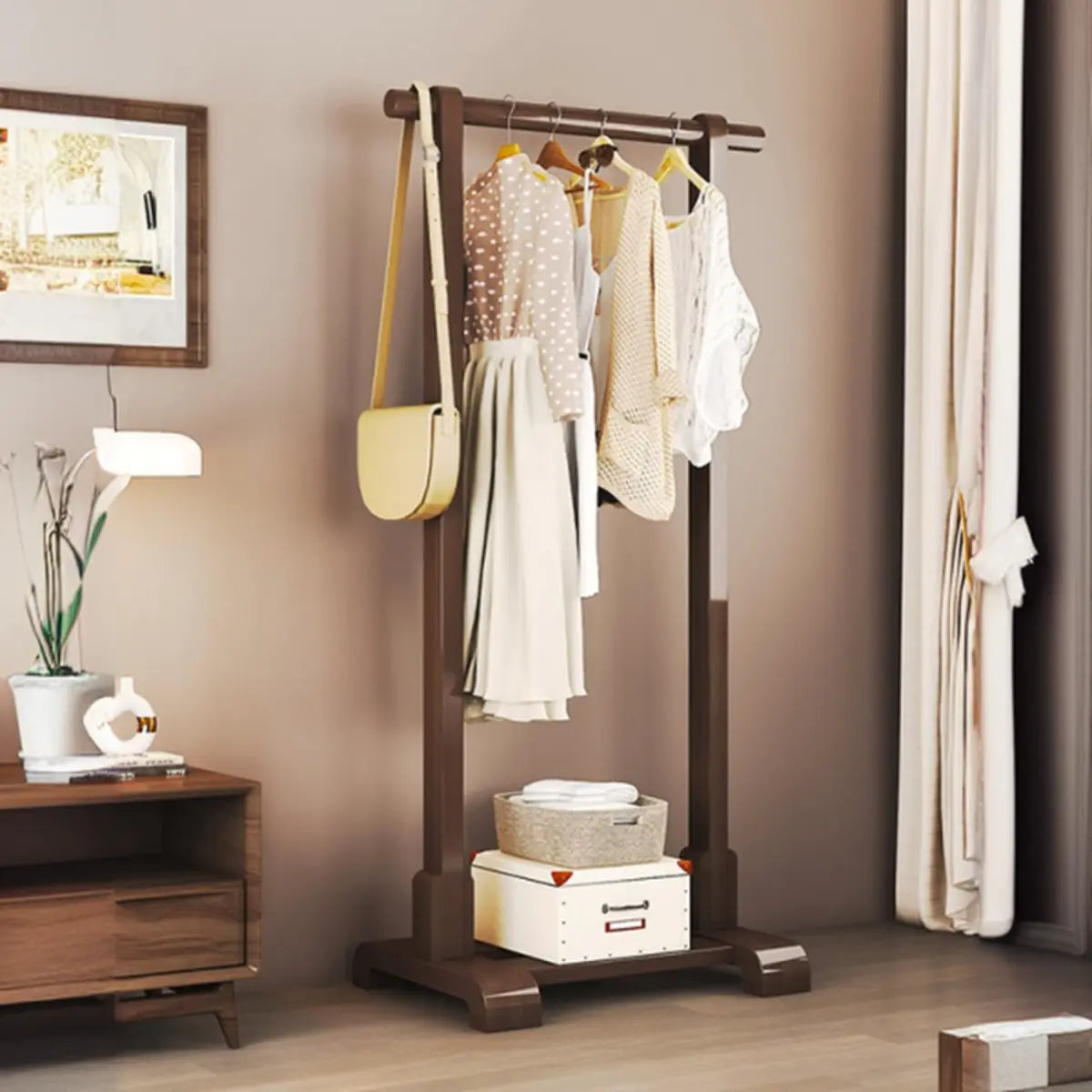 Natural Color Shelves and Hooks Wood Freestanding Coat Rack Image - 15