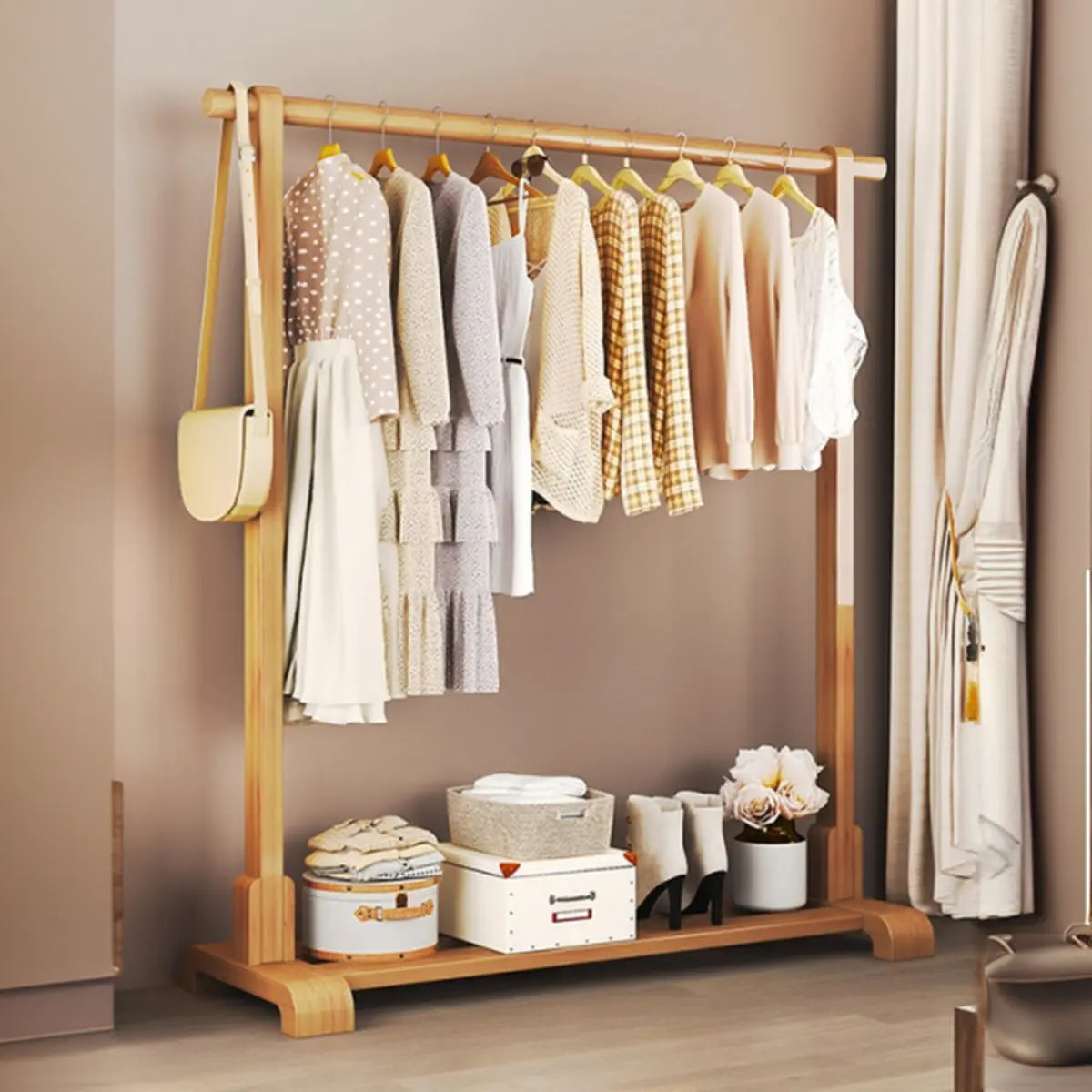 Natural Color Shelves and Hooks Wood Freestanding Coat Rack Image - 2